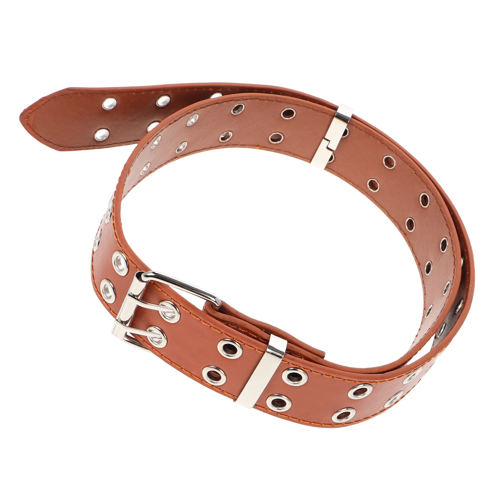 

Punk Style Double Metal Jeans Belt Grommet PU Belt Fashion Chain Wide Brown Studded Waist for Jeans Gothic Vintage Metal