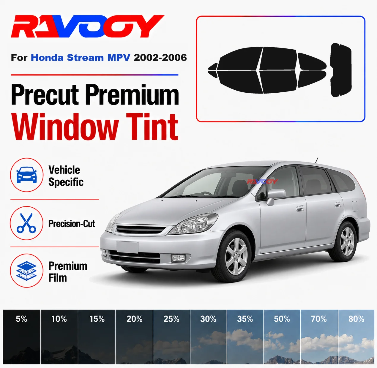 Premium Precut Window Tint Kit Front Rear Windows Rear Windshield For Honda Stream MPV 2002-2006 Complete Set Nano Ceramic Film