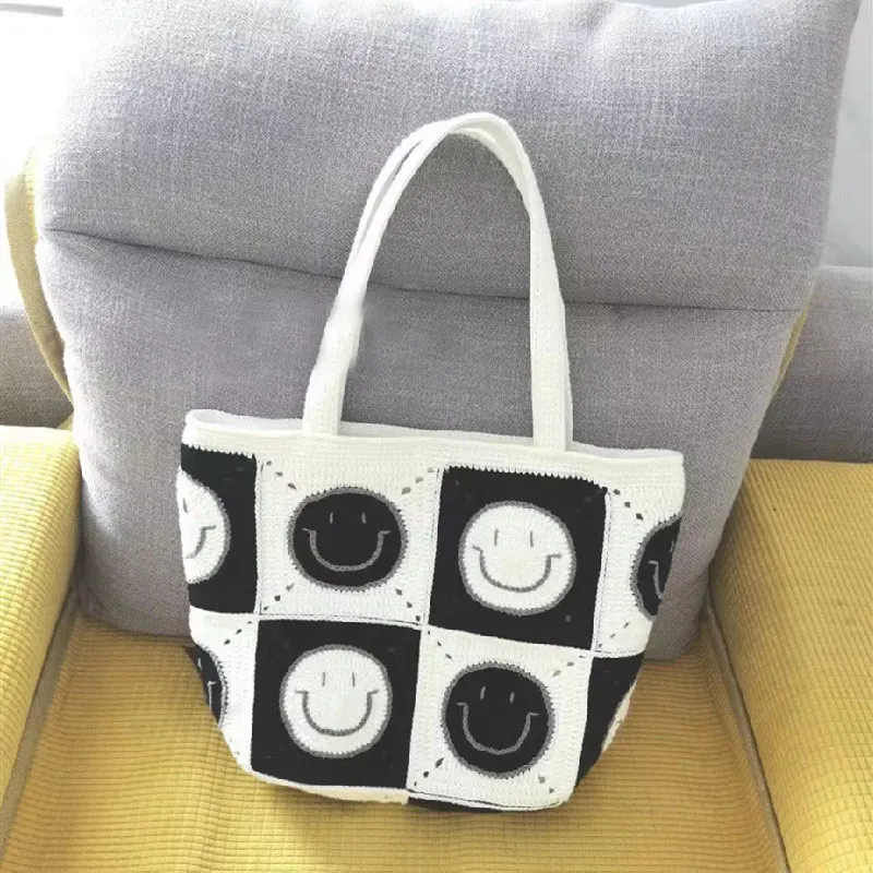 

Handwoven Women's Shoulder Bag Black and White Square Smiling Face Handbag Casual Fashion Shopping Bag Storage Bag