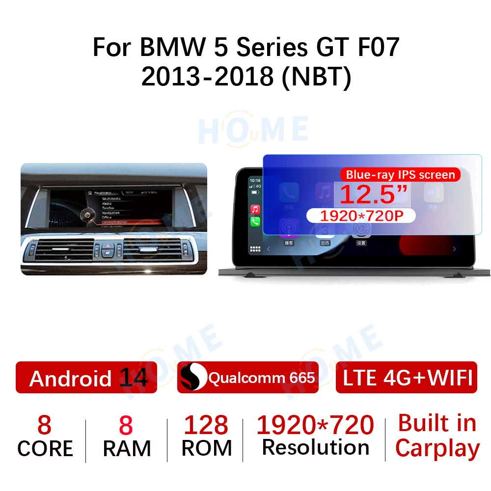 10.25/12.5 بوصة أندرويد 14 كوالكوم 665 مشغل فيديو الوسائط المتعددة للسيارة لسيارات BMW 5 Series GT F07 CIC/NBT 2009-2018 Carplay Auto