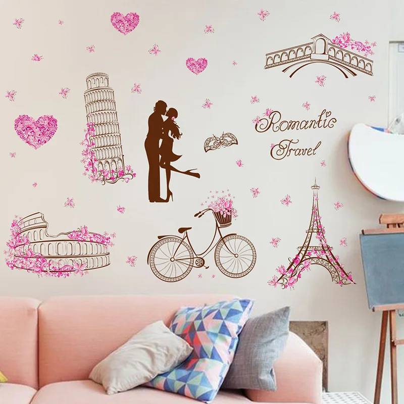 Eiffel Tower Vinyl Tile Wall Stickers For Girl Room Decoration Bedroom Accessories Adhesive Wallpaper Wall Decor Room Decor