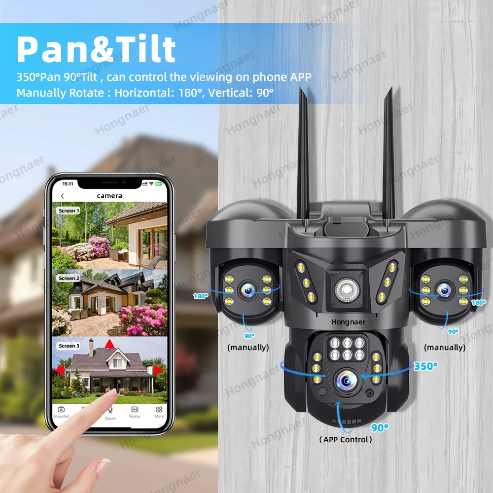 Hongnaer 12MP 6K V380 Pro Three Lens Wireless WiFi Home Security Wireless 4G Sim Card CCTV IP Camera