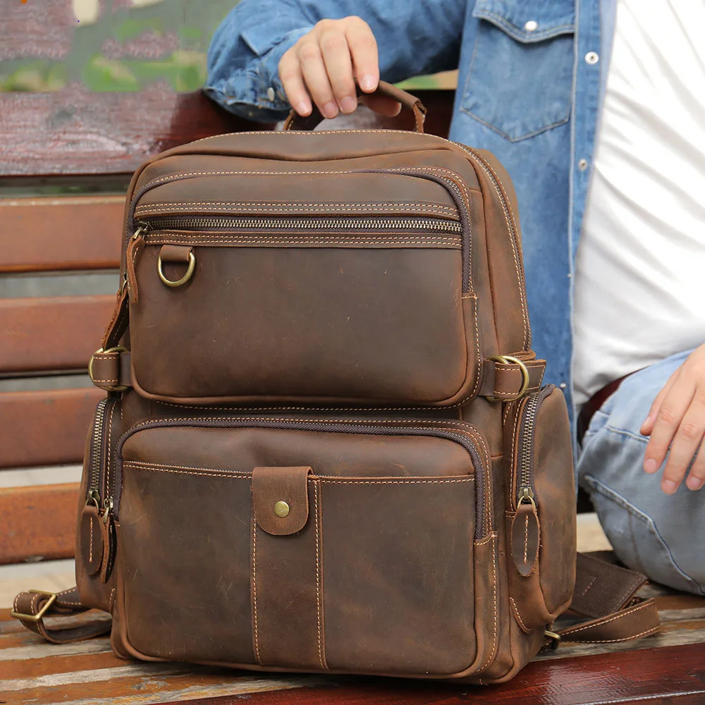 Men's Full Grain Leather Backpack Genuine Leather Backpack Real Cowhide Computer Laptop Bag 15.6