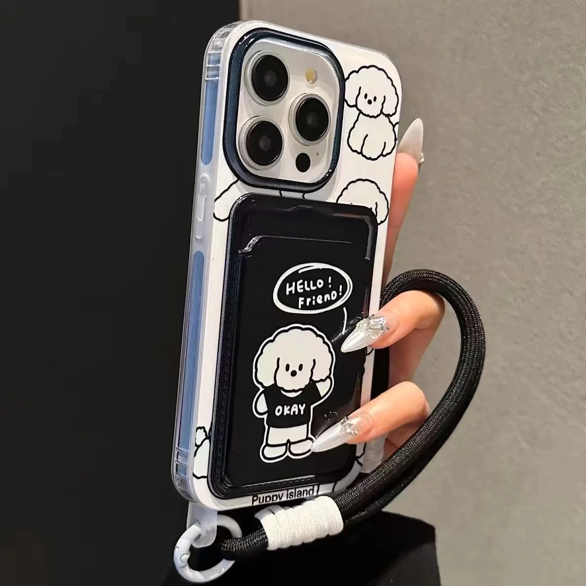 Card bag transparent black and white dog phone case with hanging rope For iPhone 11 12 13 14 15 16 pro max