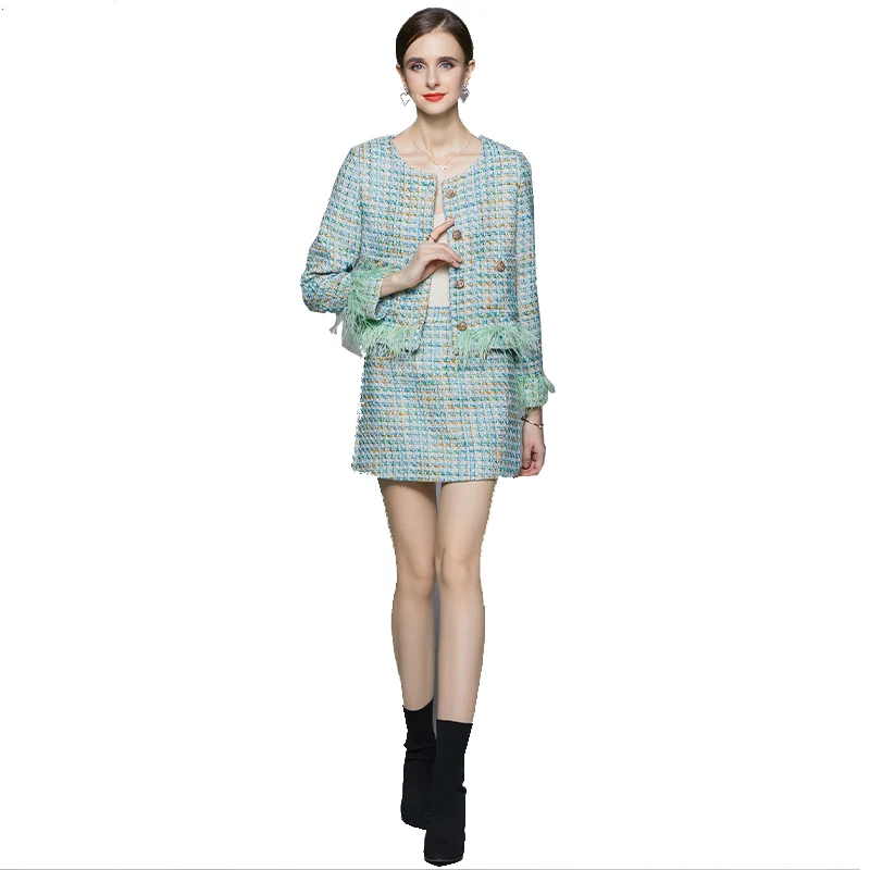 Women's Green Tweed Coat+High Waist Slim Fit Wrap Hip Skirt 2 pcs Set New Spring and Autumn Small Fragrant Style Set