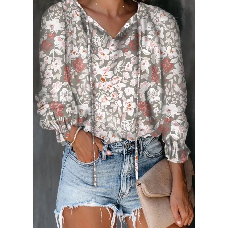 Fashion Flower Print V Neck Lace Up For Women Elegant Blouses Casual Streetwear Loose Shirts Long Sleeve Office Lady Tops Autumn