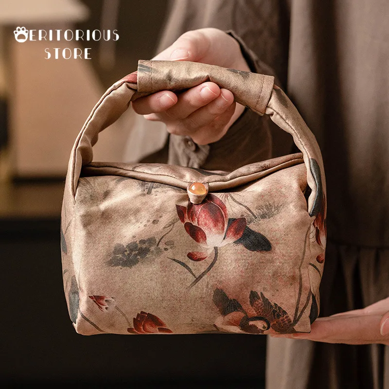 Seda Lotus rima brocado té acogedor bolso taza bolsa Camping al aire libre bolsa de almacenamiento portátil suministros bolsas chinas tazas de ceremonia