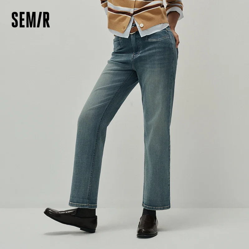 Semir Women Jeans Stretch Cropped Straight Cuffed Hem Soft Denim Casual Style Autumn Pants Urban Daily Wear 2026