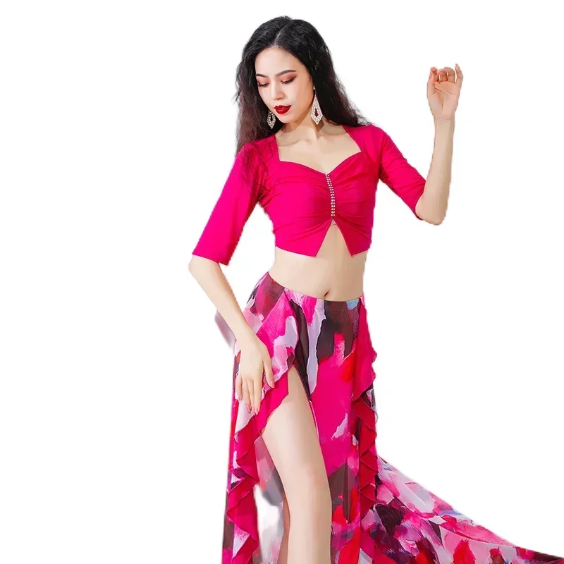 Oriental Team Dance Costume 2 Piece Set Sexy Women Bellydance Clothes Middle Sleeve Tank Top Side Slit Long Skirt Floral French