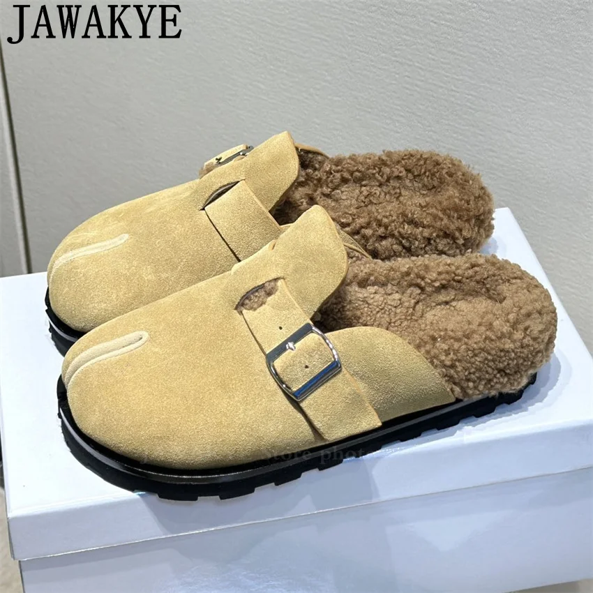 Round Splitting Toe Fur Slippers Women 2025 Winter Warm Casual Fashion Mules Slippers Woman Wool Loafers Shoes zapatos mujer