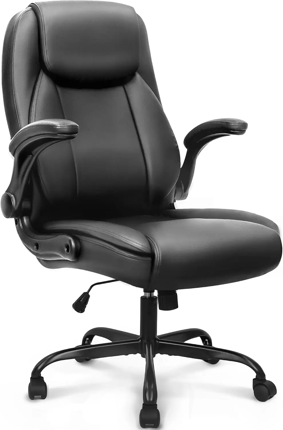 High-Back Office Desk Chair with Flip-Up Arms in Black PU Leather