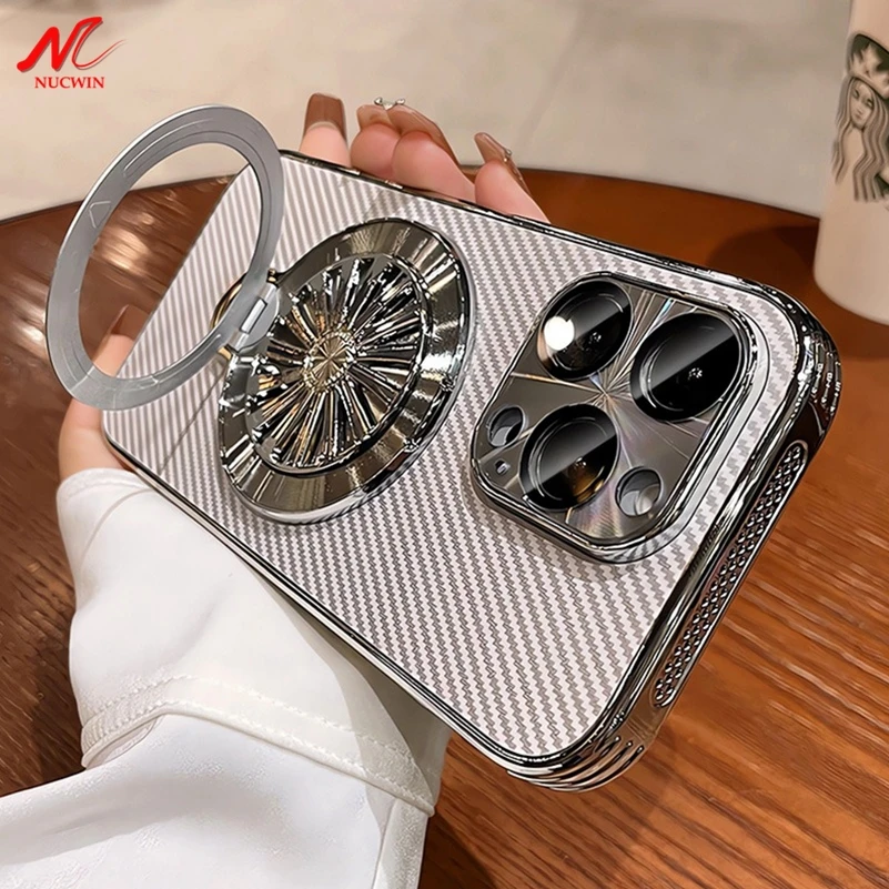 Business Carbon Fiber Magsafe Case for iPhone 13 12 14 15 16 Pro Max Release Stress Rotating Gyro Bracket Camera Protector Cover