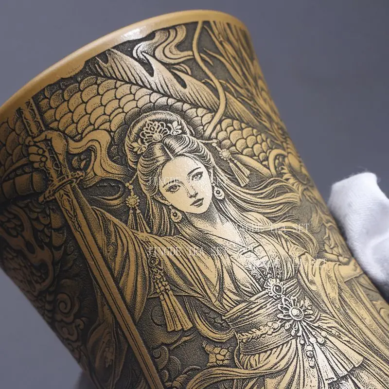 1pc 160ml Yixing Zisha Tea Cup with Engraved Jiutian Xuannv Goddess and Dragon Pattern Master Cup for Gongfu Tea Ceremony
