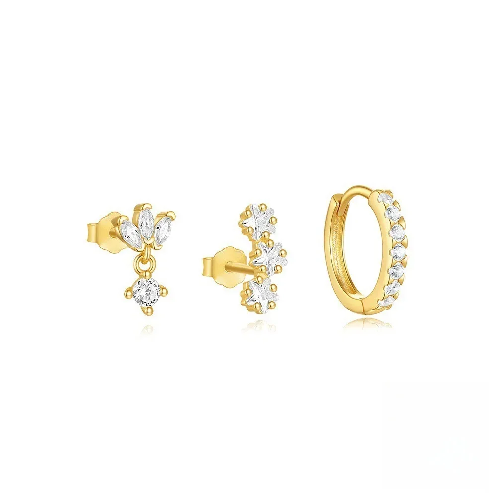 3pcs Set Luxury Gold Color Stainless Steel Crystal Four-leaf Flower Stud Earring for Women Charm Zircon Jewelry Set Colorfast