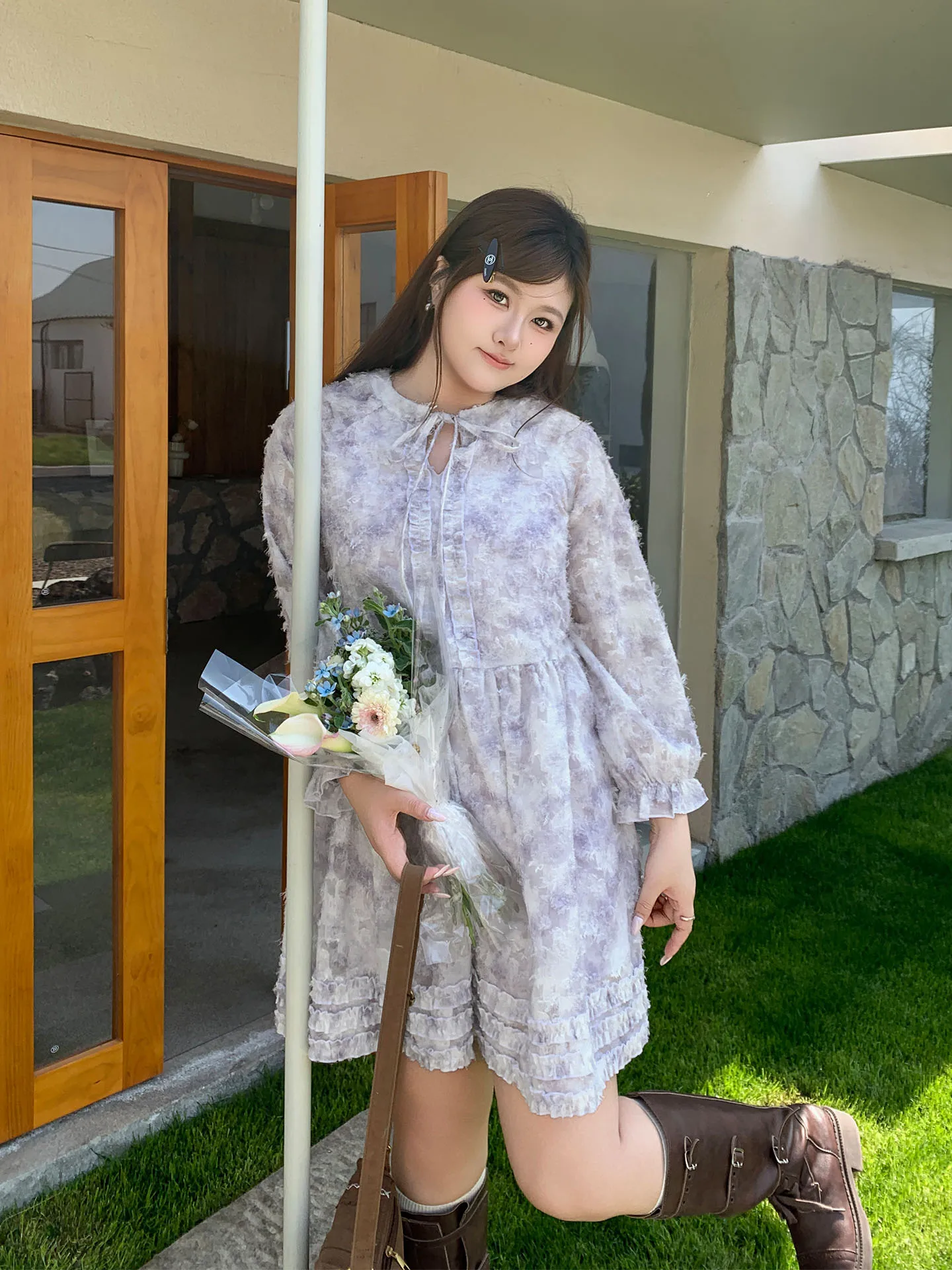 

Платье в стиле принцессы с длинными рукавами и цветочным принтом YUZI, комбинезон с объемной вышивкой, женское платье больших размеров