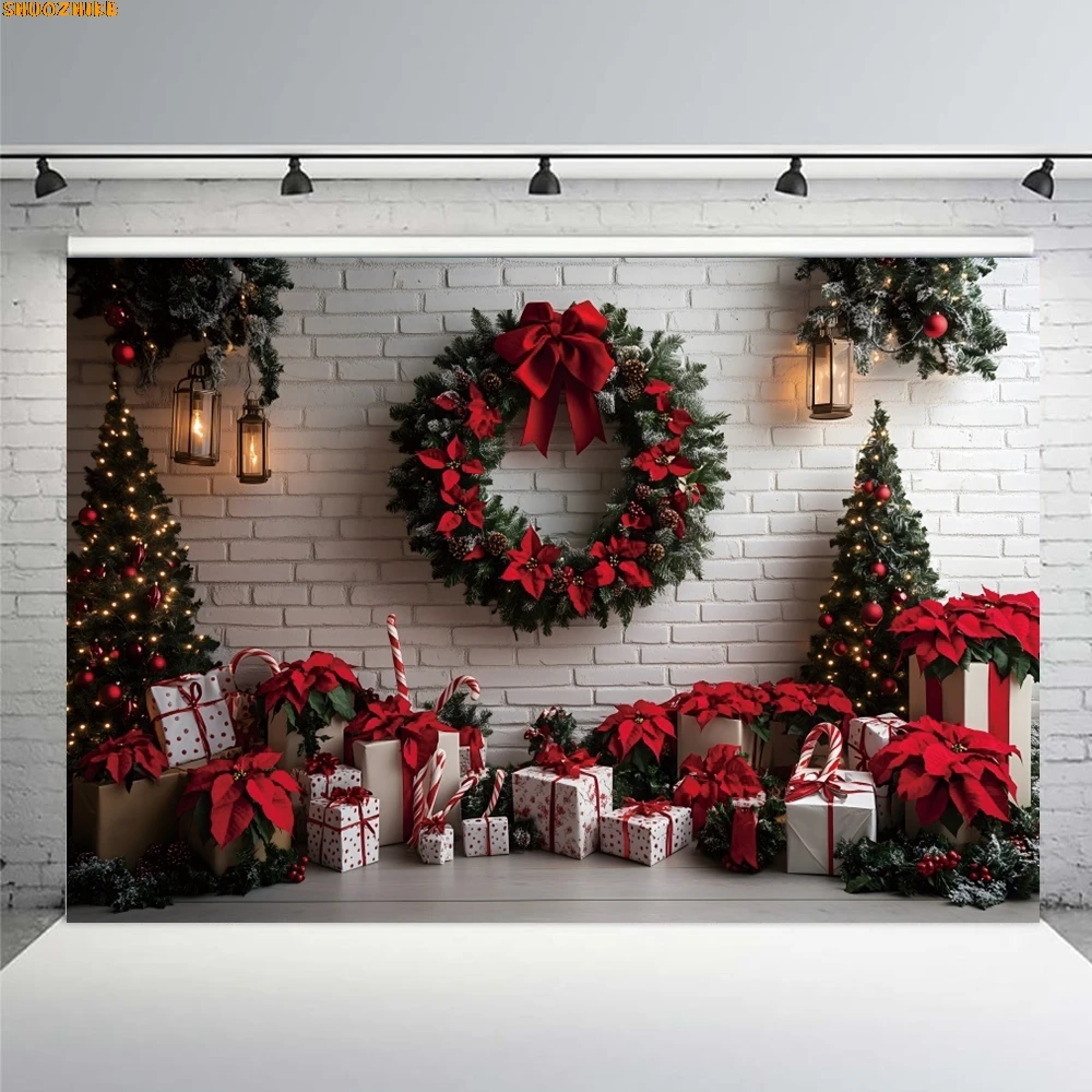 

Christmas Photography Background Vintage Brick Wall Xmas Tree Wreath Gift New Year Family Party Wedding Birthday Decor Backdrop