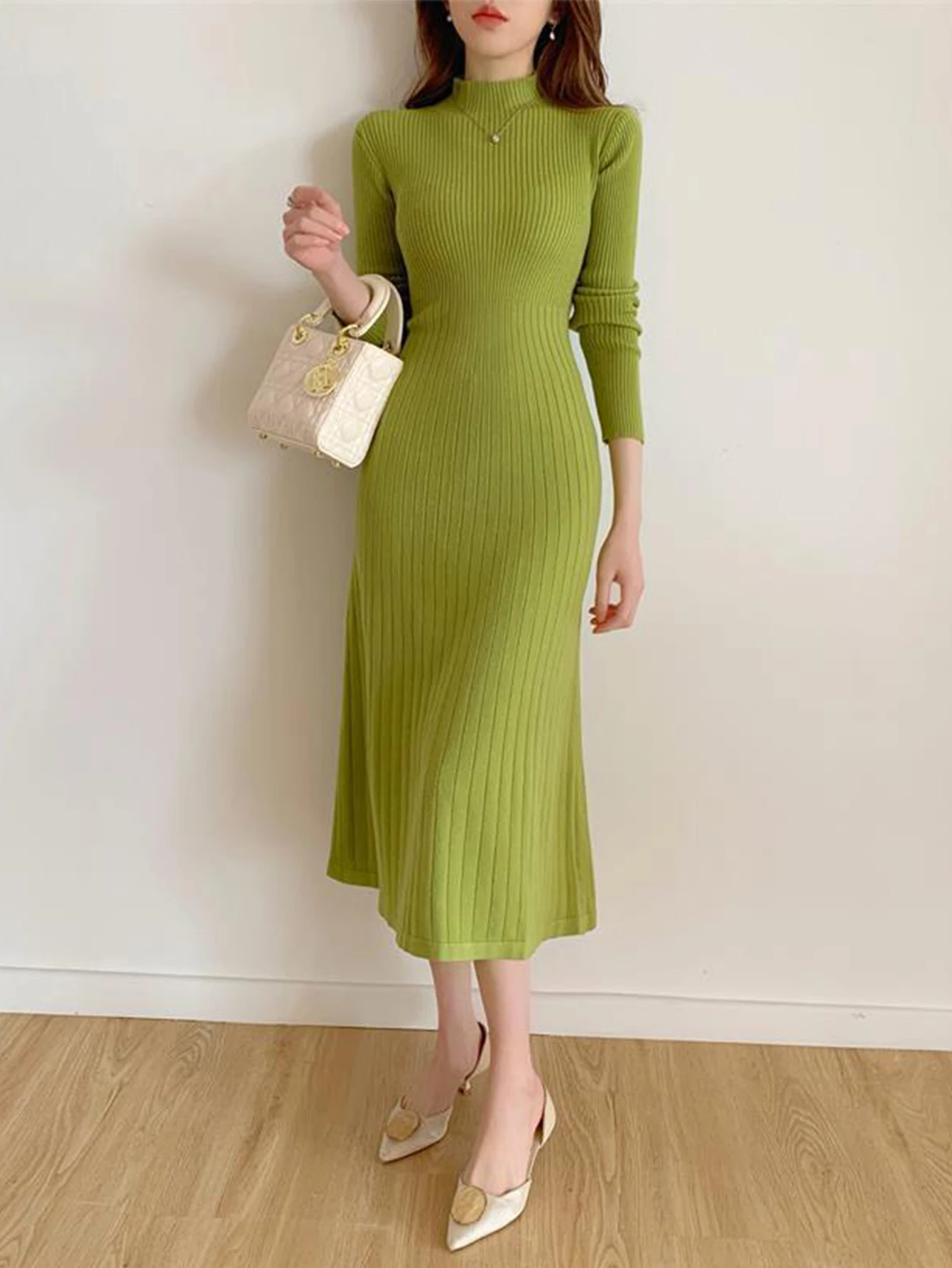 レディース スキニーフィット リブニットドレス 長袖 モックネック ミディアム丈 Aラインドレス デイリー 秋冬ファッション 無地ドレス