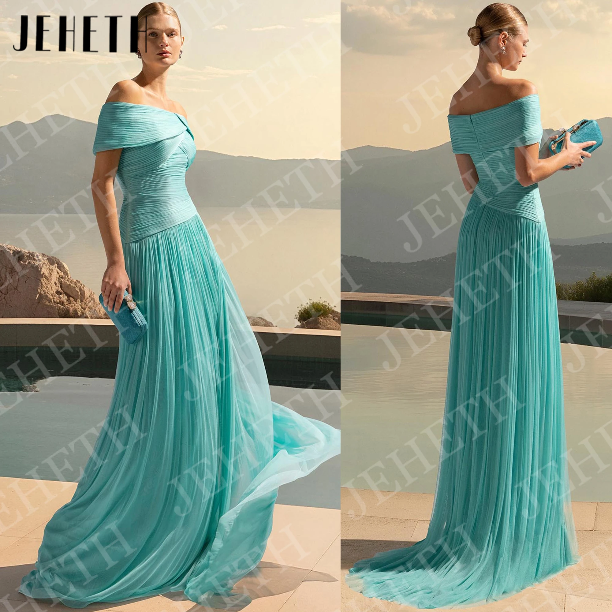 JEHETH Elegant Off Shoulder Evening Party Dresses Women Turquoise Pleated Tulle Formal Banquet Dress Customized فساتين سهرة 2027