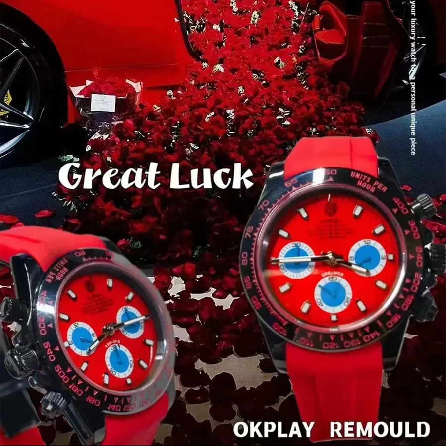 OKPLAY Men Chronograph Watch 39.5mm Modified Customized Quartz Wristwatch Sapphire 100M Waterproof Triple Windows Red