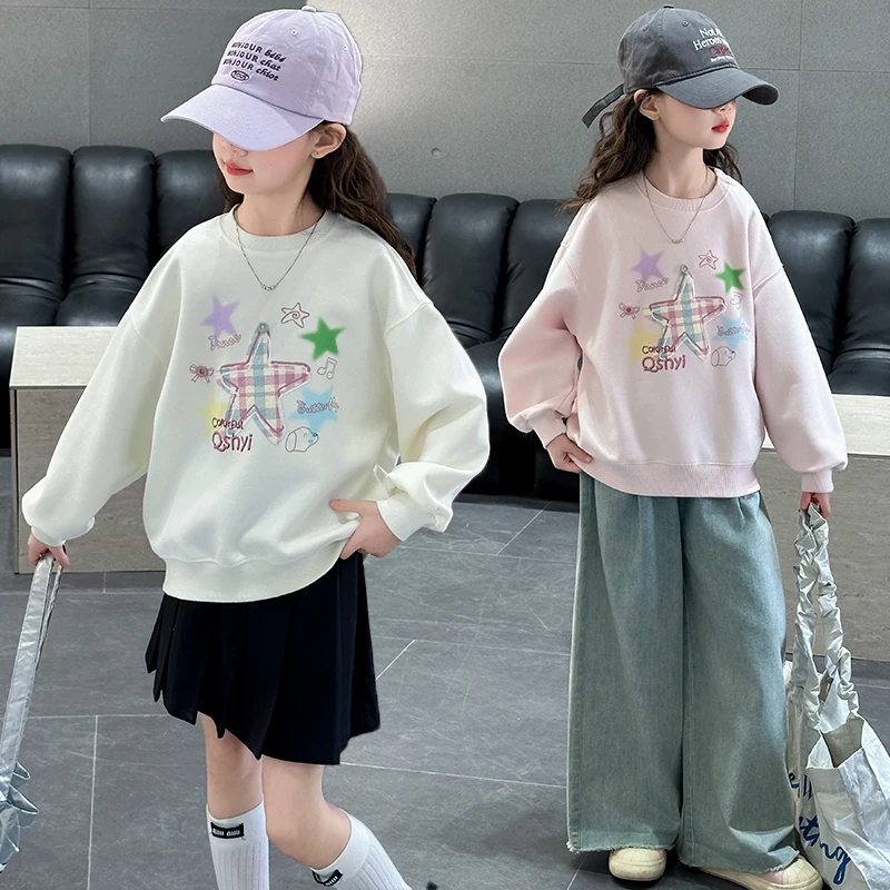 Korean Style Children Girls Sweatshirt Cotton Star Printed Pullovers Loose Casual Teenage Kids Pink Beige Hoodies Outerwear
