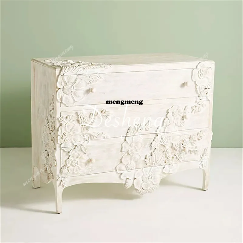 French retro solid wood chest European engraved washed old three-bucket cabinet bedroom drawer storage storage cabinet