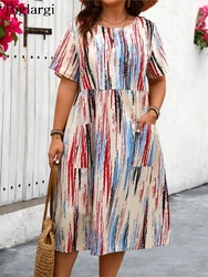 Plus Size Summer Striped Graffiti Print Midi Dress Women Loose Ruffle Pleated Fashion Ladies Dresses Casual Woman Pullover Dress