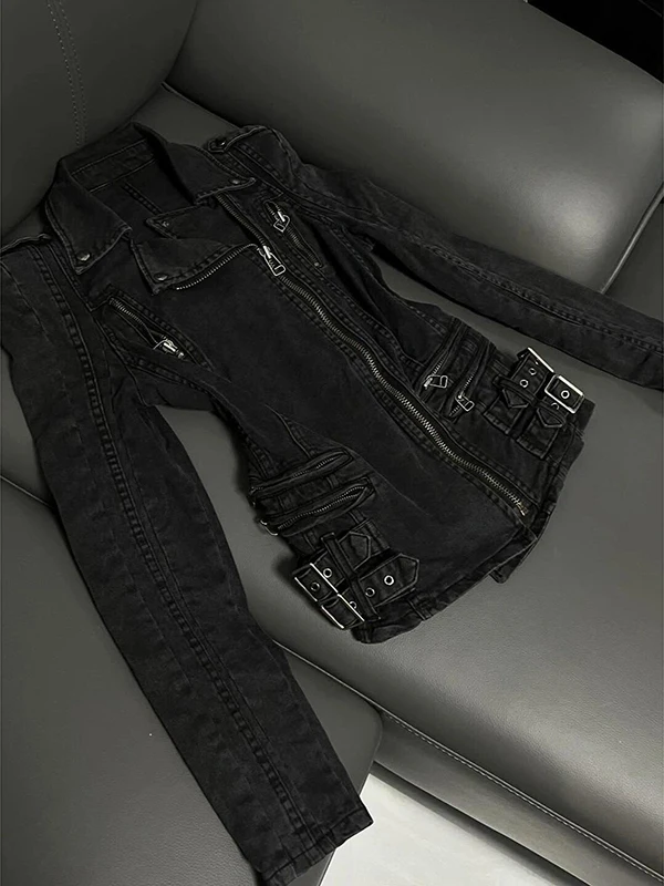 

BaoYao Girl оригинальный черный байкерский джинсовый джинсовый джинсовый джинт на молнии женский осенне-зимний винтажный американский ретро Faion ort пальто