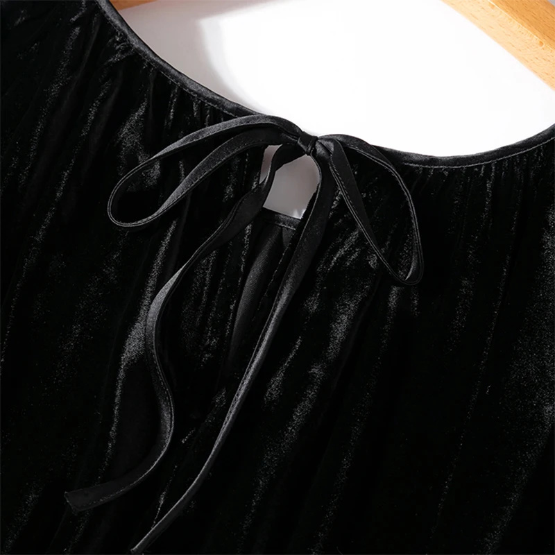 Women Silk Velvet Midi Dress Real Mulberry Silk Solid Color Black O Neck Lantern Sleeve Elegant Loose Long Dress M1051