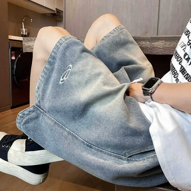 

Retro American Washed Straight Leg Men's Shorts Summer Trendy Loose Wide Leg High Street Five-Point Jeans Casual Loose Fit
