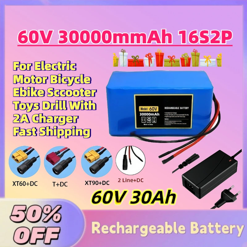 

High-Quality 60V 30Ah 16S2P Li-Ion Battery for Electric Motor Bicycle Ebike Sccooter Toys Drill With 2A Charger Fast Shipping