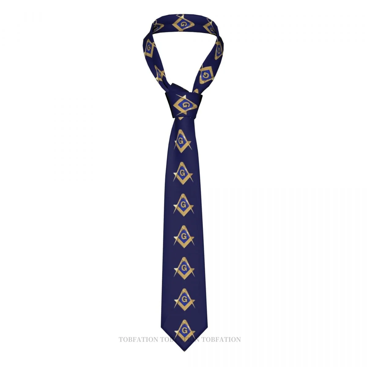 Blue Background Masonic Freemason Gold Square Compass Classic Men's Printed Polyester 8cm Width Necktie Cosplay Party Accessory