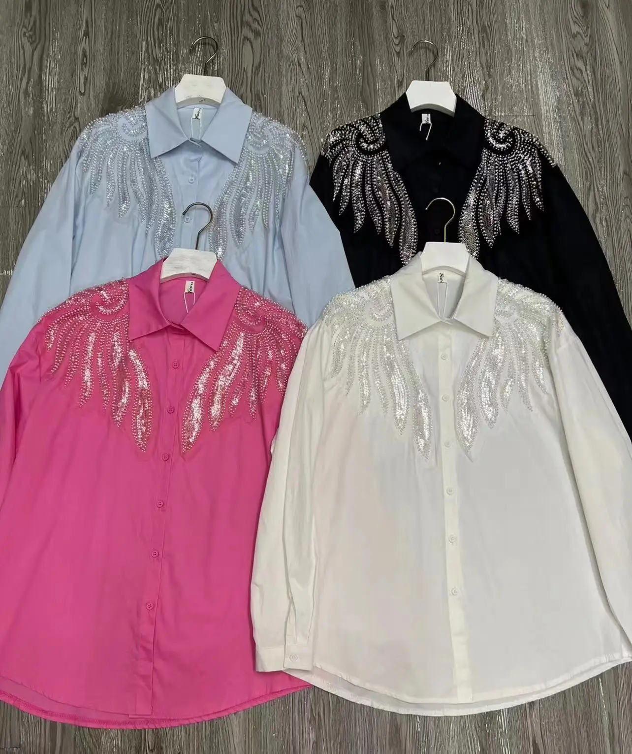 Sparking Sequined Beaded Stitch Cotton Shirts and Blouses For Women Spring Summer White Black Loose Casual Tops Blusas Female