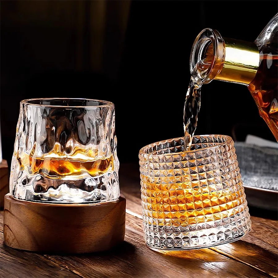 160ML Whiskey Glass Cup with Wood Coasters Spinning Old Fashioned Glasses for Scotch Bourbon Liquor Vodka Cocktail Rum Bar Tools