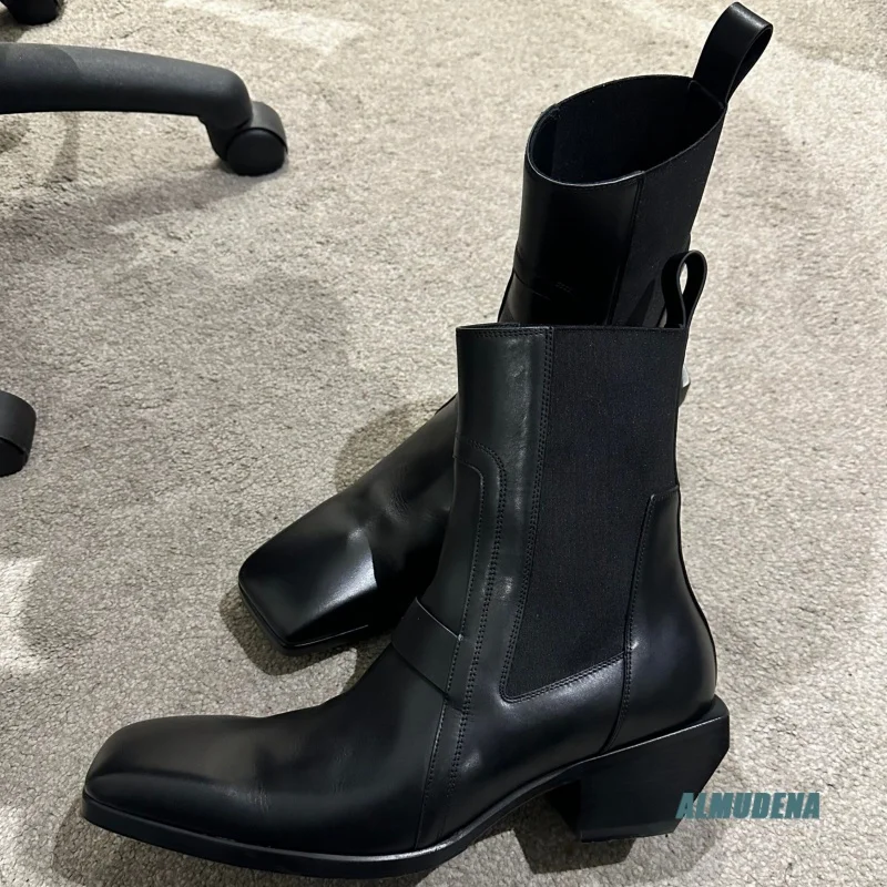 Square Toe Men's Black Leather Chelsea Boots Elastic Side Block Heel Classic Casual Business Formal Daily Commute Shoes view 2