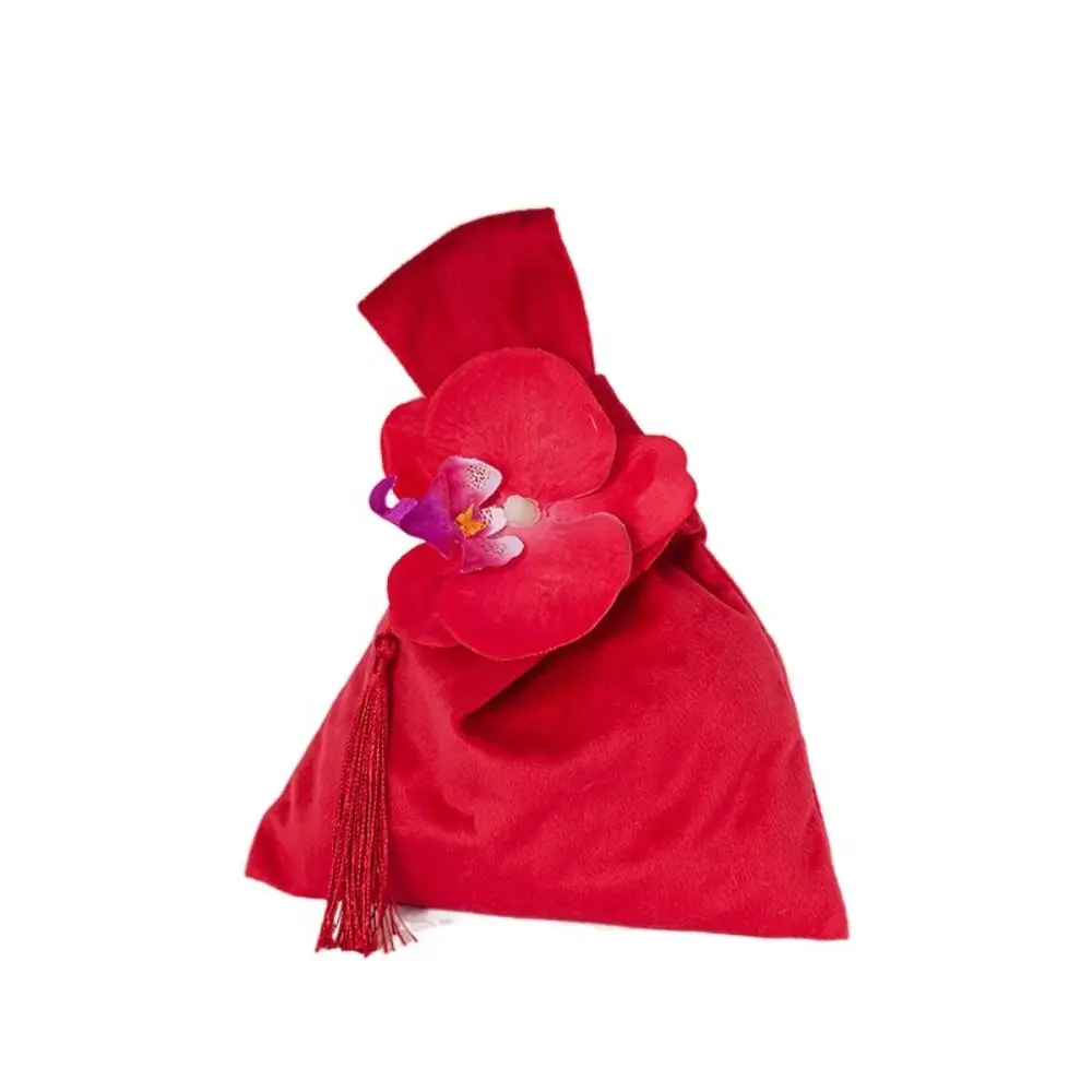 

Tassel Velvet Knot Handbag Vest Shape Large Capacity Flower Wrist Bag Tope Handle Small Tote Bag Festive Sugar Bag Festival