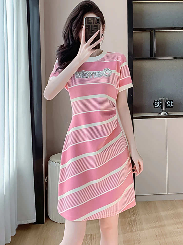 Vestido Kawaii informal de punto a rayas para mujer, vestido rosa de manga corta, camiseta elegante, moda coreana 2024