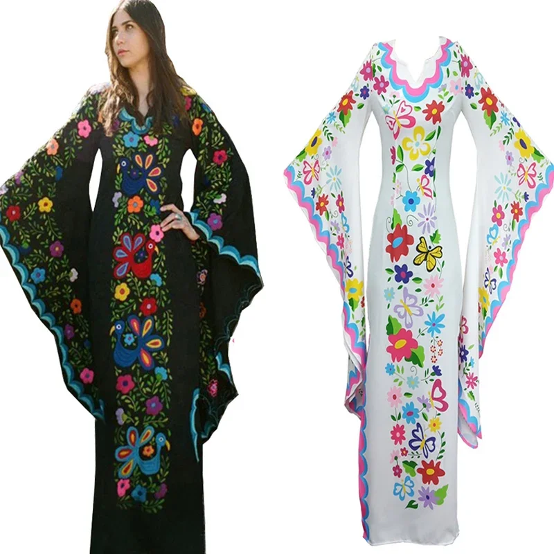 Medieval Cosplay Costume Vintage Women Floral Print Flared Sleeve Beach Bohemian Maxi Dress Ladies V-neck Vampire Dress Vestidos