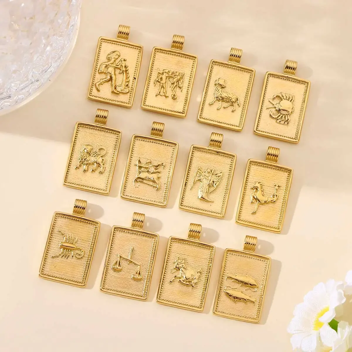 3pcs/Lot Stainless Steel 18k Real Gold Color Square Twelve Zodiac Aries Pendants For Necklace Making DIY Accessory Wholesale