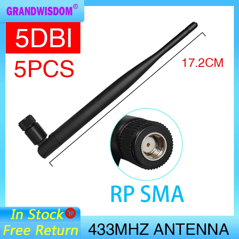 

GWS 5PCS 433Mhz lora Antenna 5dbi GSM RP-SMA female Connector Rubber directional IOT antenne wireless Receiver for Lorawan 21cm