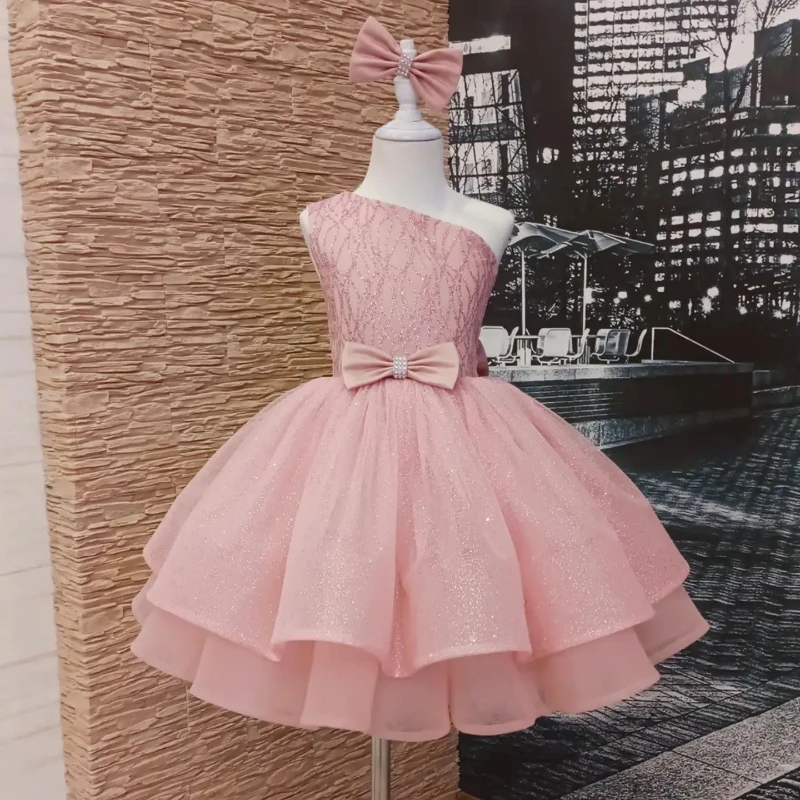 2026 New Children Sequin Pink Princess Dress Costume Girls Flower Girl Tulle Elegant Skirt Kids Formal Pageant Party Gown Outfit