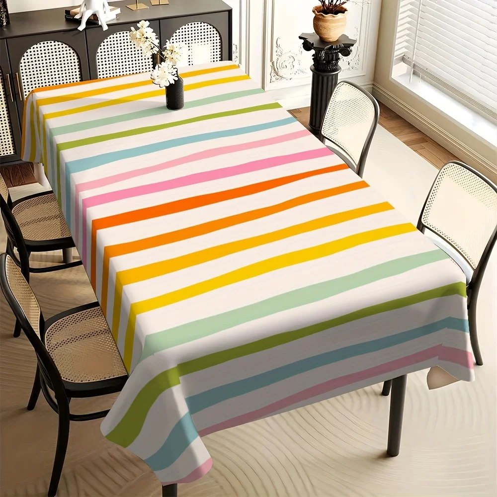 Light pink, yellow, green and mint green striped tablecloth - soft and smooth