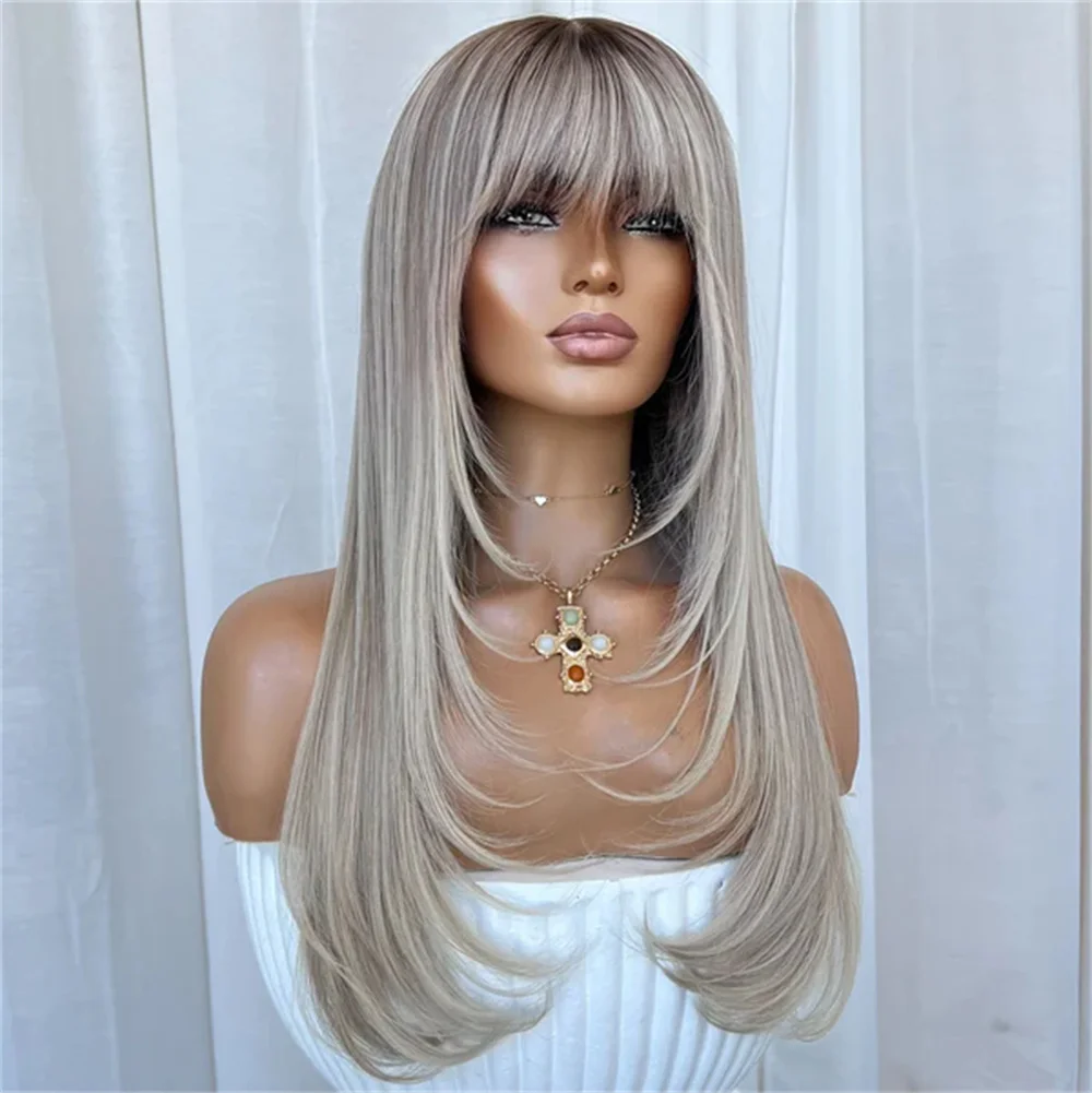 

Синтетические парики балаяж блонд с челкой, длинные прямые волосы, натуральный вид, для женщин, для косплея и вечеринок, термостойкое волокно