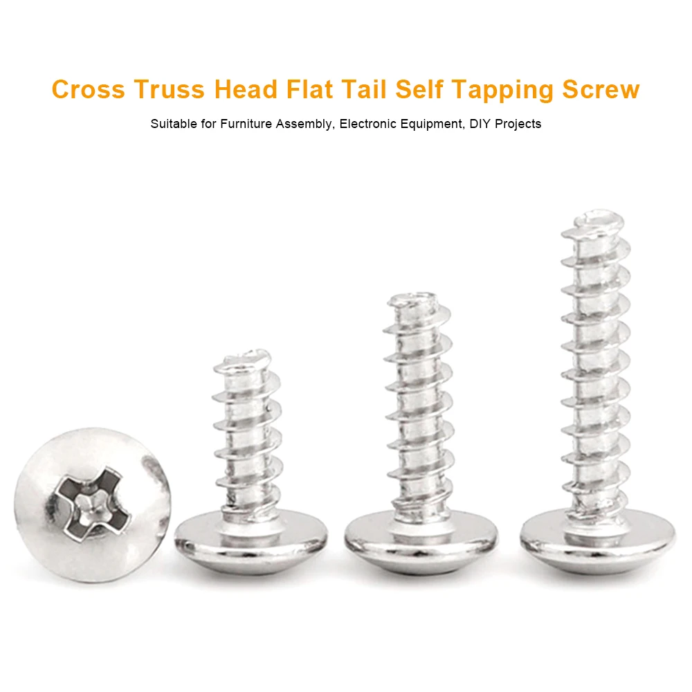 JUIDINTO Phillips Truss Head Flat Tail Tapping Screw 304 Stainless Steel Cross Flat Round Head Screws M1.7 M2 M2.3 M2.6 M3 M3-M6