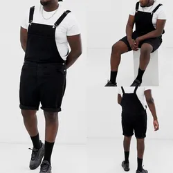 Vintage Men's Denim Rompers Black Looped Shorts Overalls One-piece Suspenders Summer Casual Jumpsuit Men