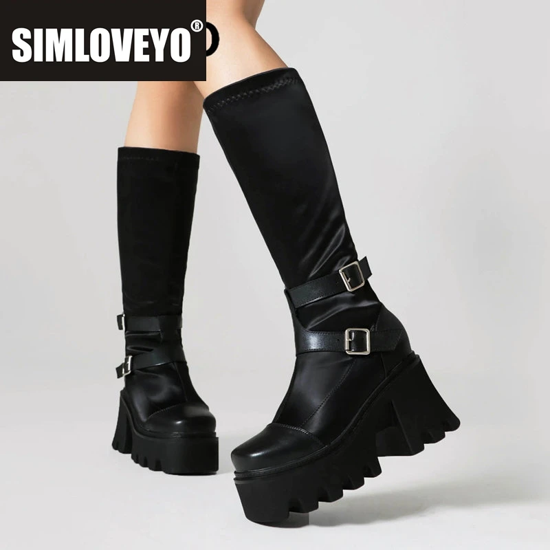 

SIMLOVEYO женские повседневные ботинки с квадратным носком на массивном каблуке 8 см, платформа 4 см, эластичная ткань, пряжки, украшение Bota, большие размеры 42 43