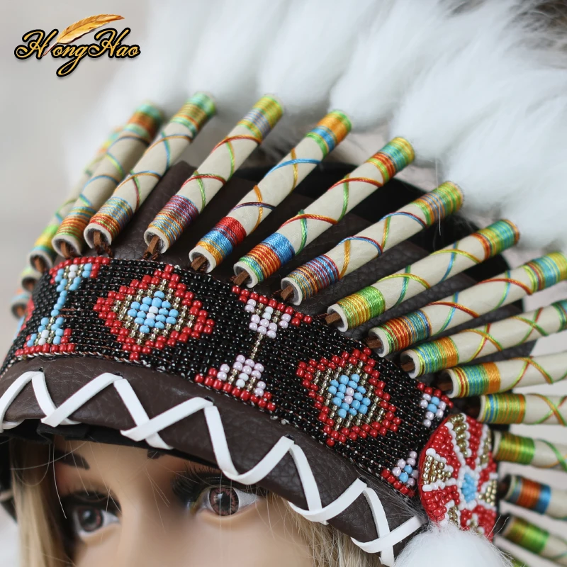 Indian Hat Feather Headdress White feather headwear Men Women Head Accessories for Carnival Show Fancy Dress Cosplay Halloween