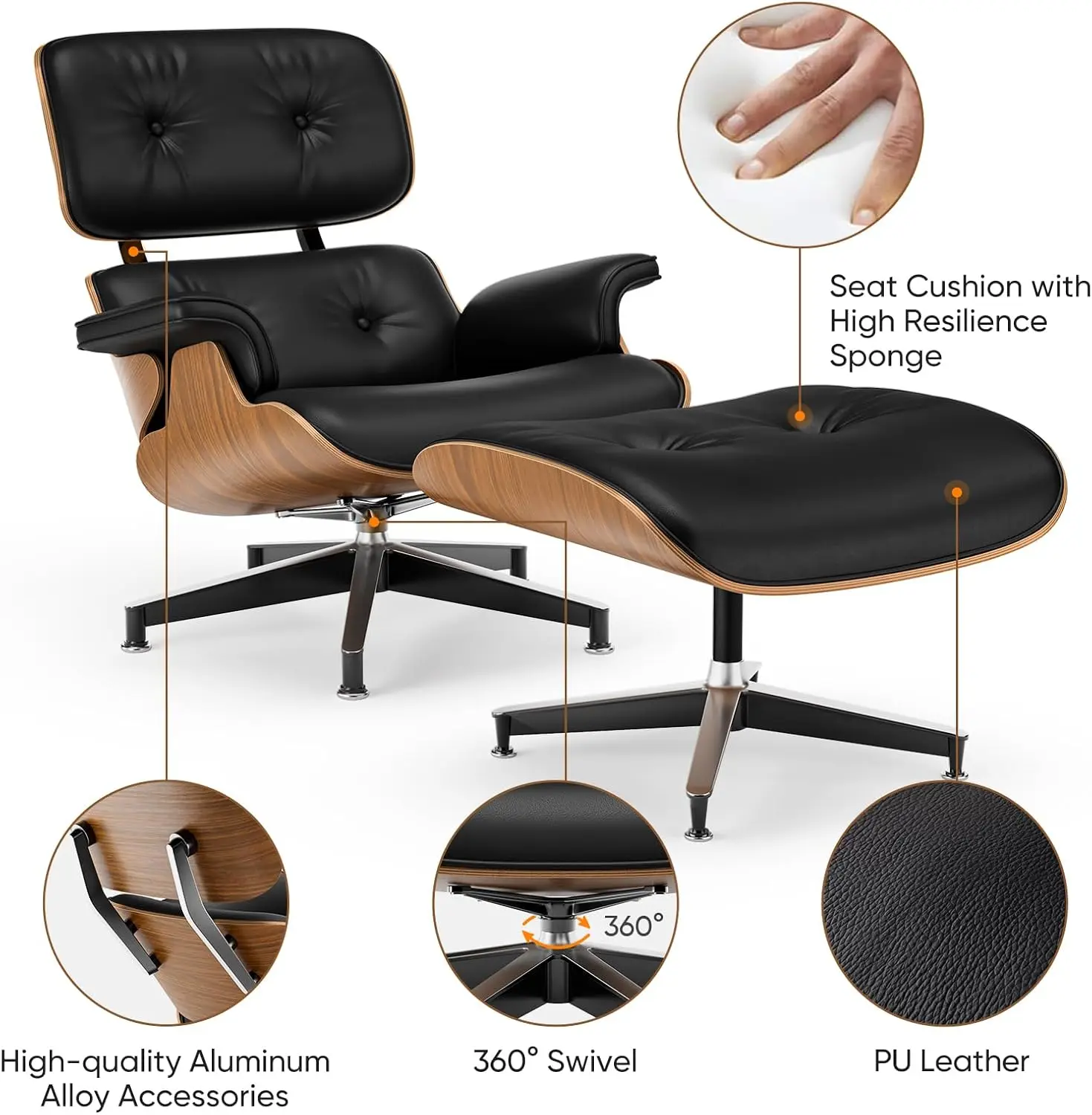 Top Black PU Leather, Mid Century Chaise Lounge Chair and Ottoman, Modern Chair Classic Design, Walnut Wood image 4