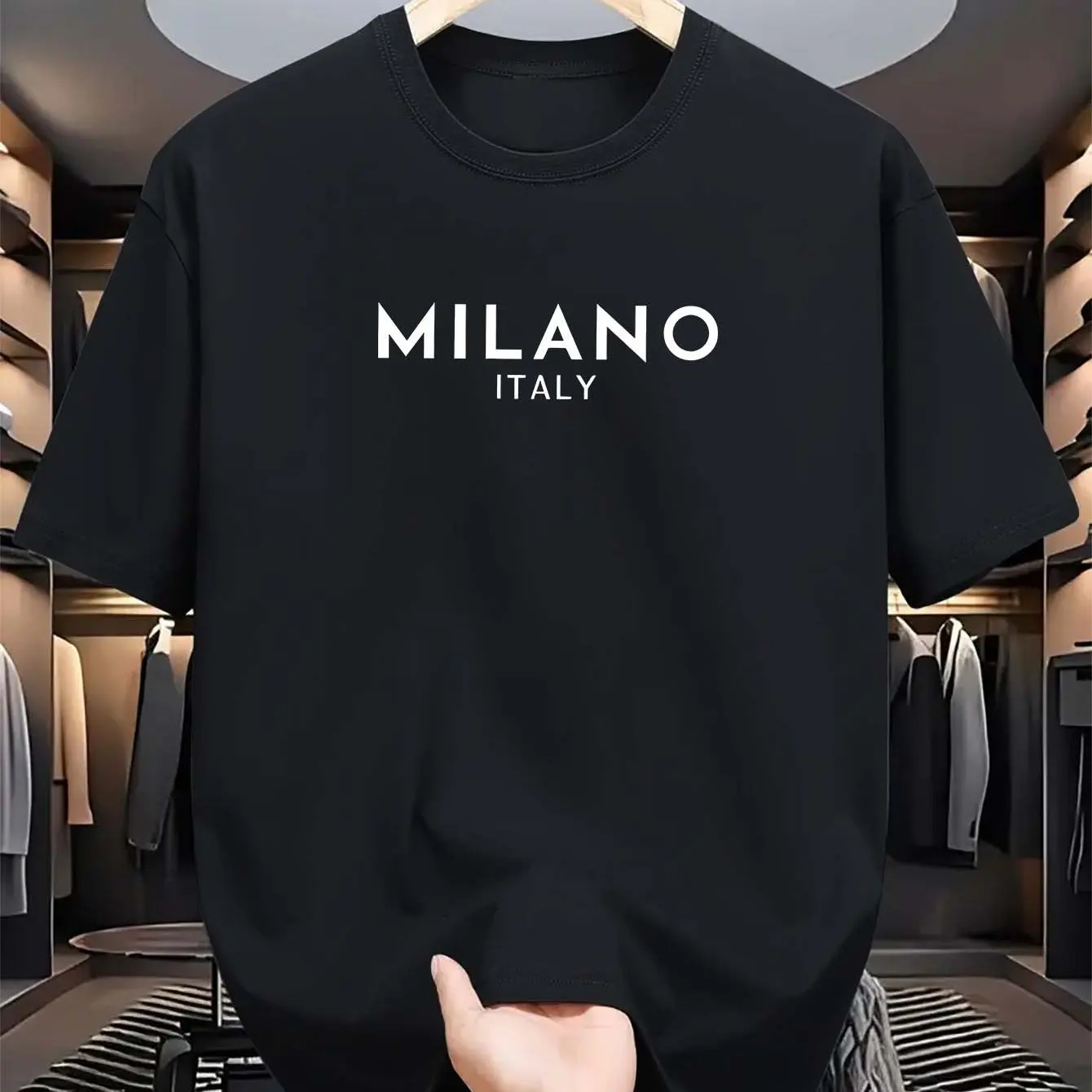 

Summer Men's Cotton Casual Loose and Fashionable MILANO ITALY Letter Printed Round Neck Short Sleeved T-shirt Top