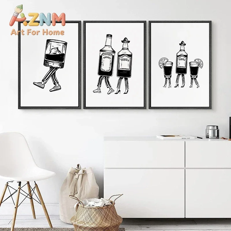 1pc frameless Vintage Black White Simple Abstract Lines Wine Glass Cheers Poster Canvas Paint Prints Art Home Bar Wall Decoratio