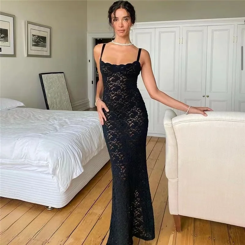Sexy See-tough Lace Dr Strapl Bodycon Long Summer Midi Dr Mid-waist Single-piece Spring 2024 Svel Pure Color